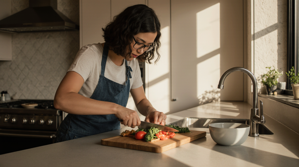 A beginner cooking in a clean modern kitchen