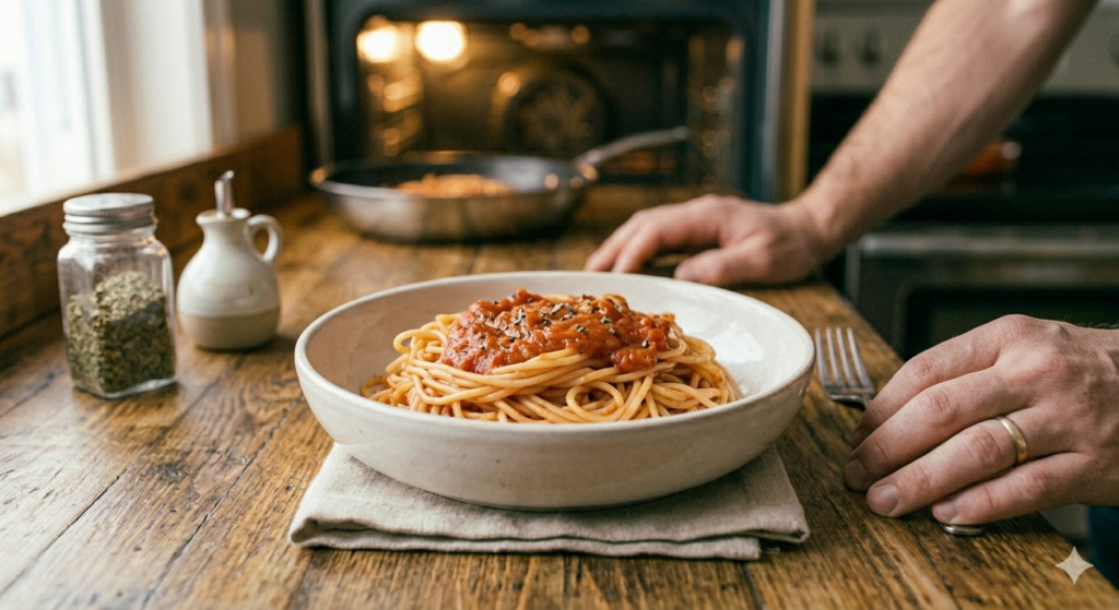 Simple pasta dish in a bowl with tomato sauce