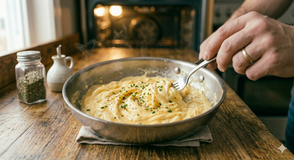 Soft scrambled eggs cooking in a pan