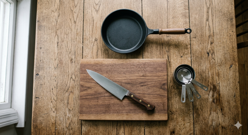 Minimalist kitchen tools layout on a wooden table, chef knife, cutting board, frying pan, measuring cups, top view