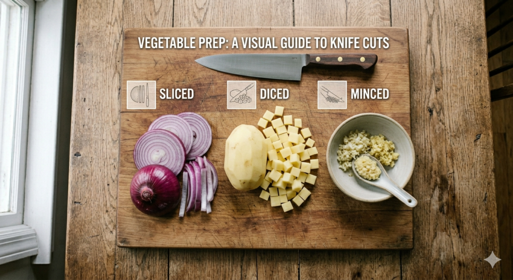 Visual guide showing sliced diced and minced vegetables side by side on a cutting board