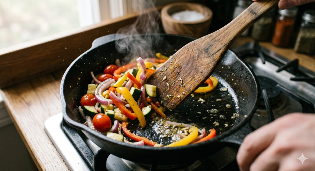Vegetables being sautéed in a frying pan