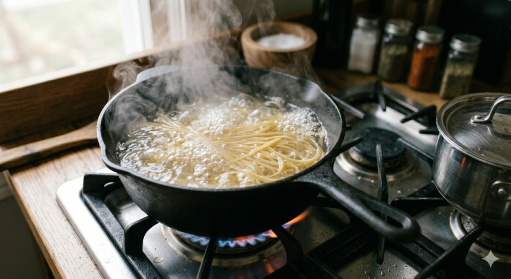 Pot of boiling water on stove with pasta cooking