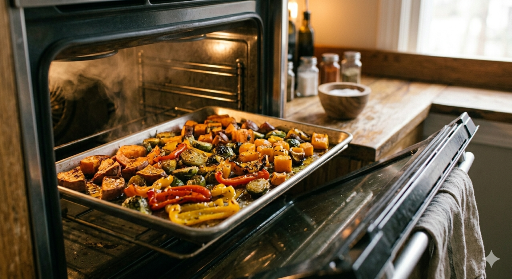 Home oven with tray of roasted vegetables inside