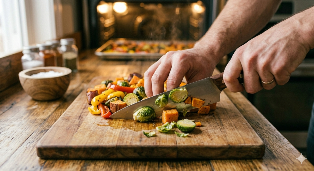 Close-up of proper knife technique chopping vegetables
