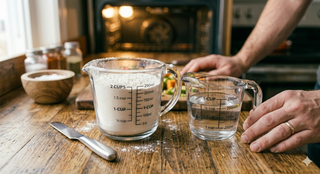 Measuring flour and liquid in separate measuring cups on kitchen counter