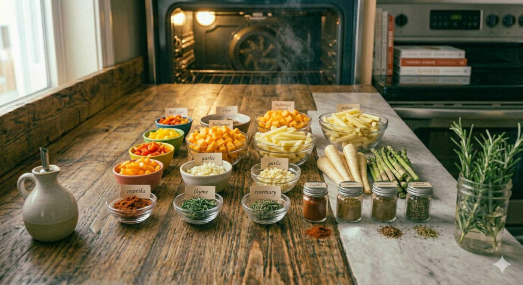 Organized kitchen counter with small bowls of chopped vegetables, spices, and ingredients