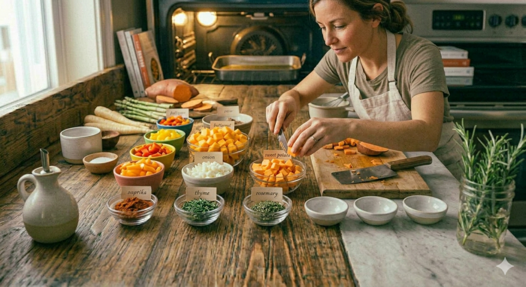 Home cook preparing ingredients in small bowls before cooking