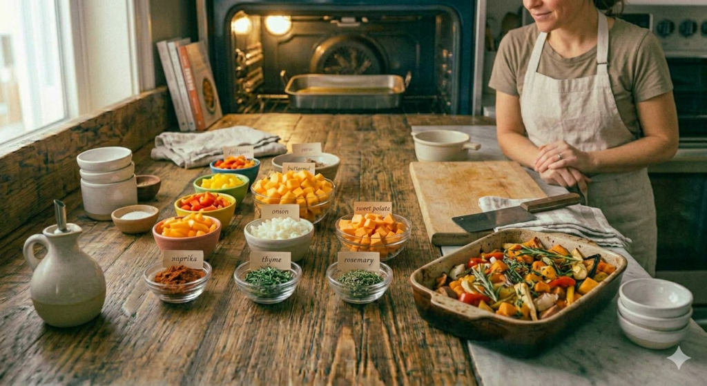 Well-organized kitchen with ingredients prepared and a finished dish on table,