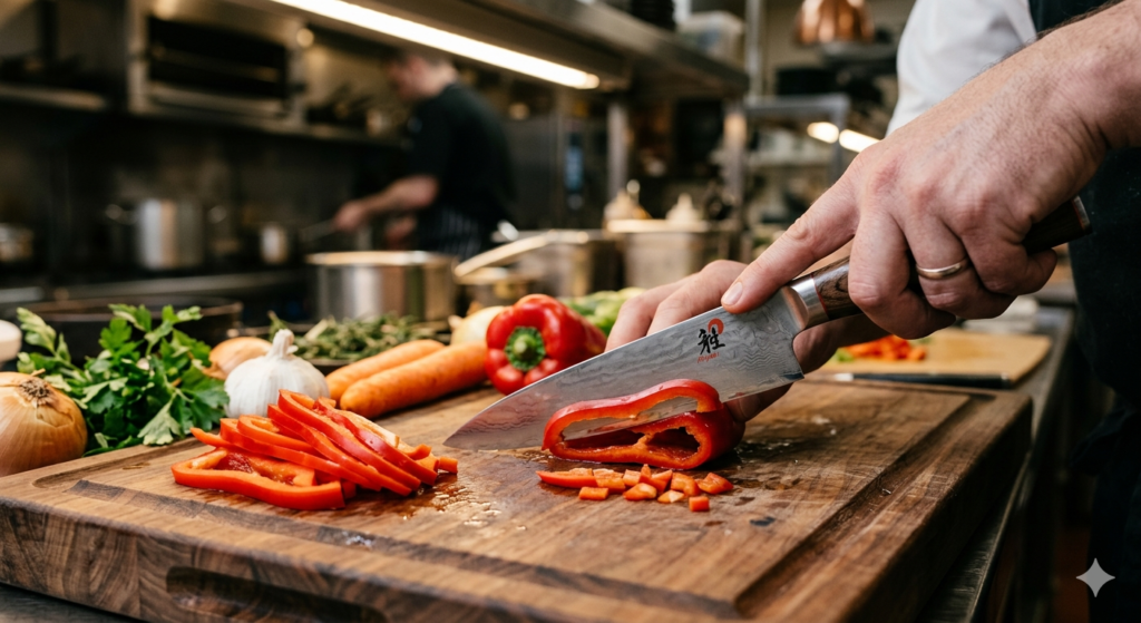 sharp kitchen knife cutting vegetables cleanly on wooden board