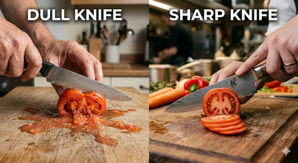 comparison of dull knife crushing tomato vs sharp knife slicing cleanly