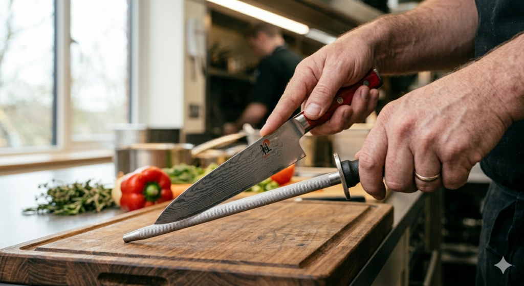 chef using honing rod on kitchen knife