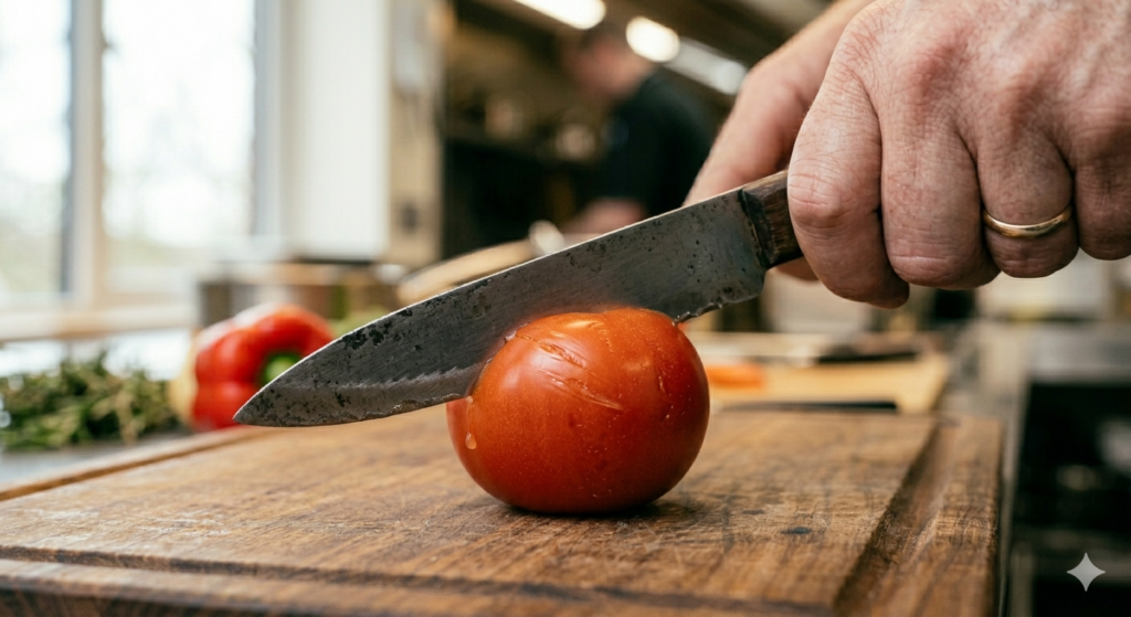 knife failing to cut tomato skin, slight slipping