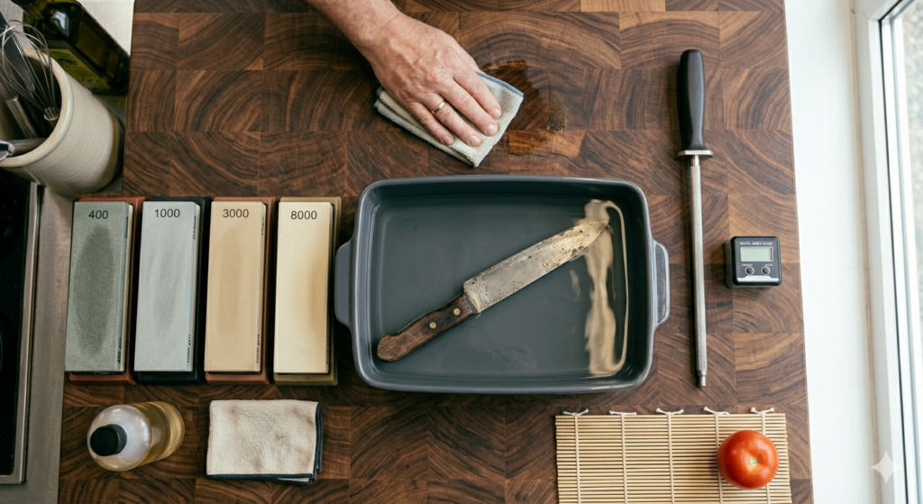 knife sharpening tools setup with whetstones