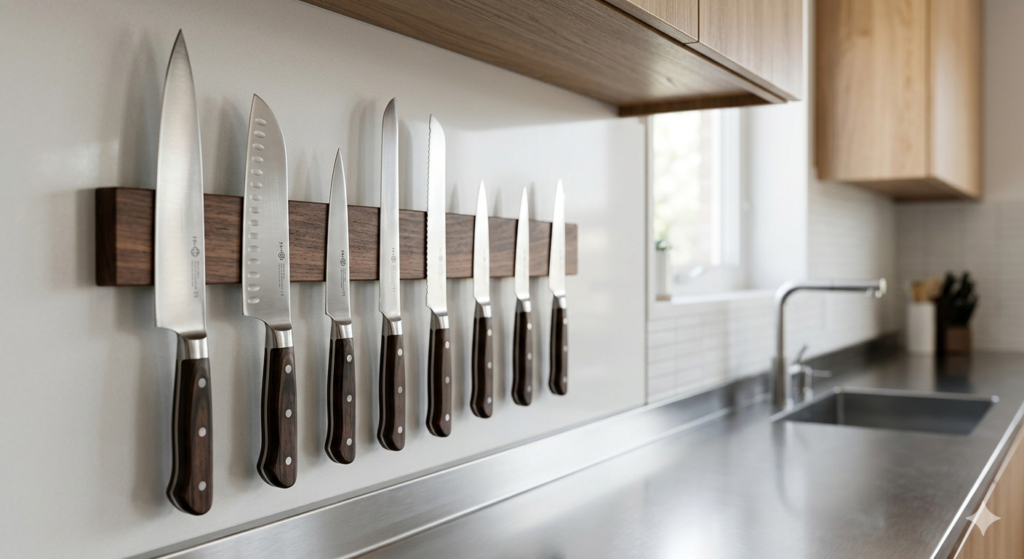 knife stored on magnetic strip in clean kitchen