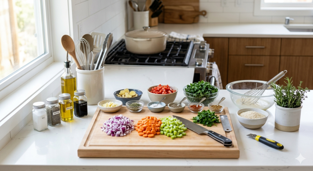 A clean, organized kitchen countertop with small bowls of pre-measured ingredients