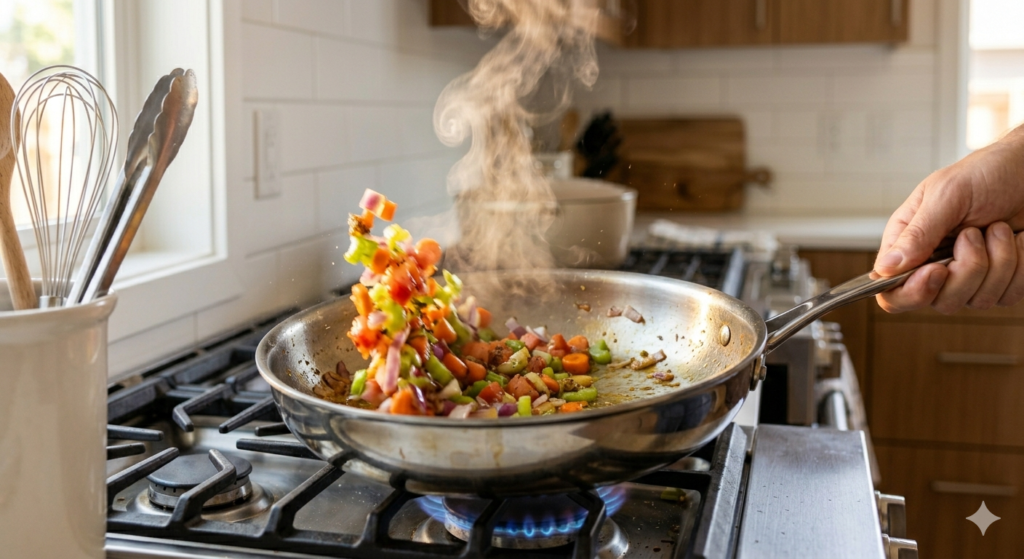Vegetables being sautéed in a stainless steel pan