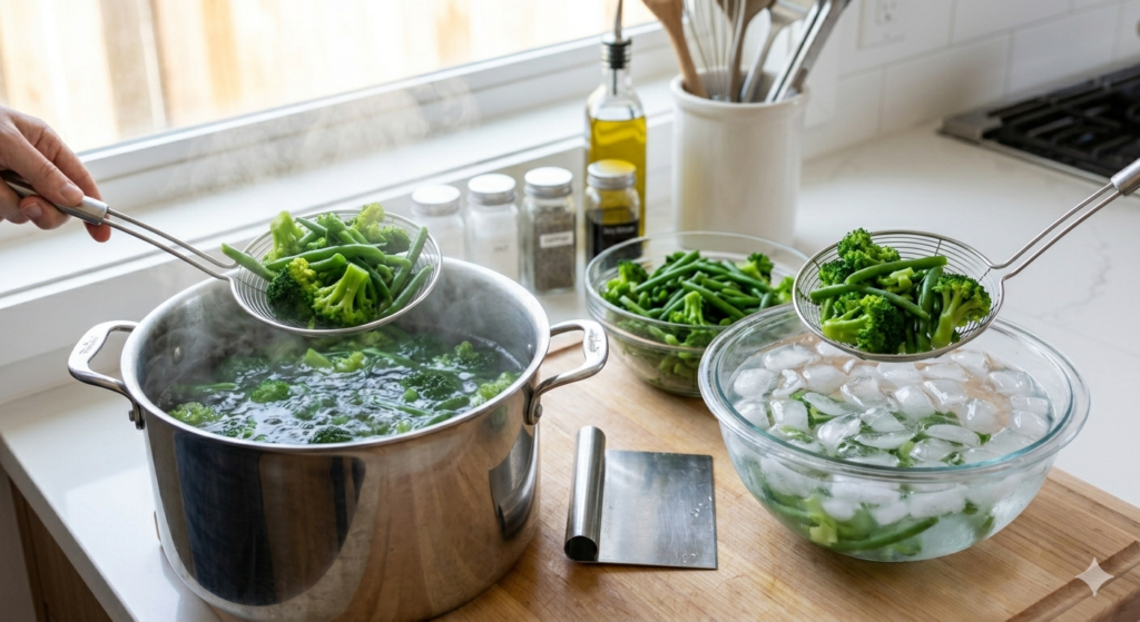 Fresh green vegetables being transferred from boiling water into a bowl of ice water