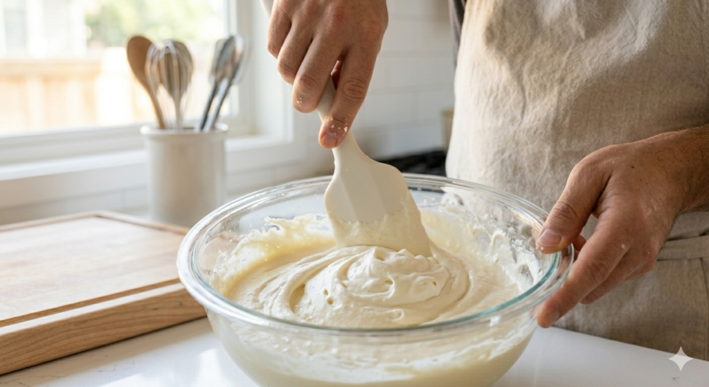 Person gently folding whipped cream into cake batter using a spatula