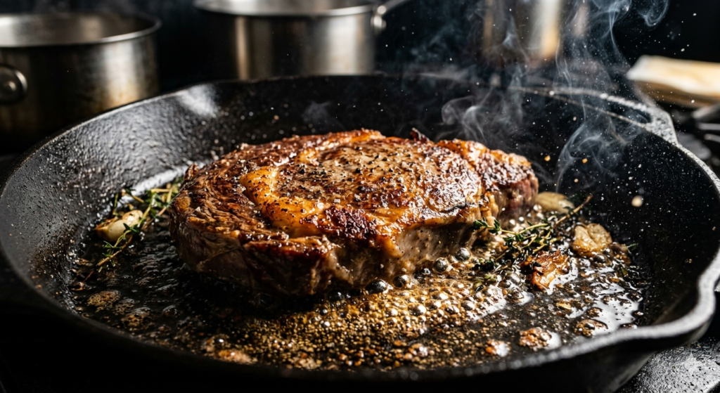 close-up of steak developing golden brown crust in hot pan
