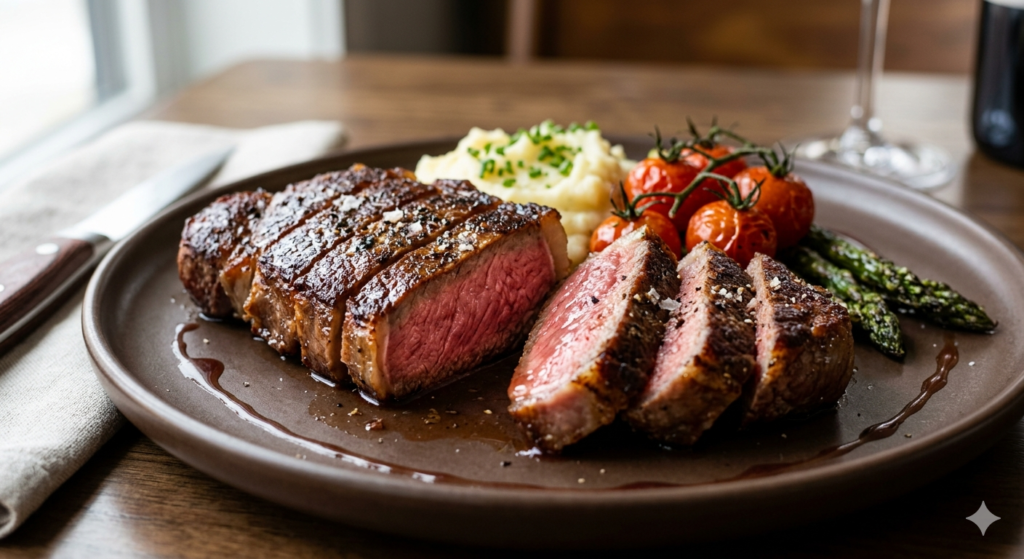 perfectly seared steak sliced