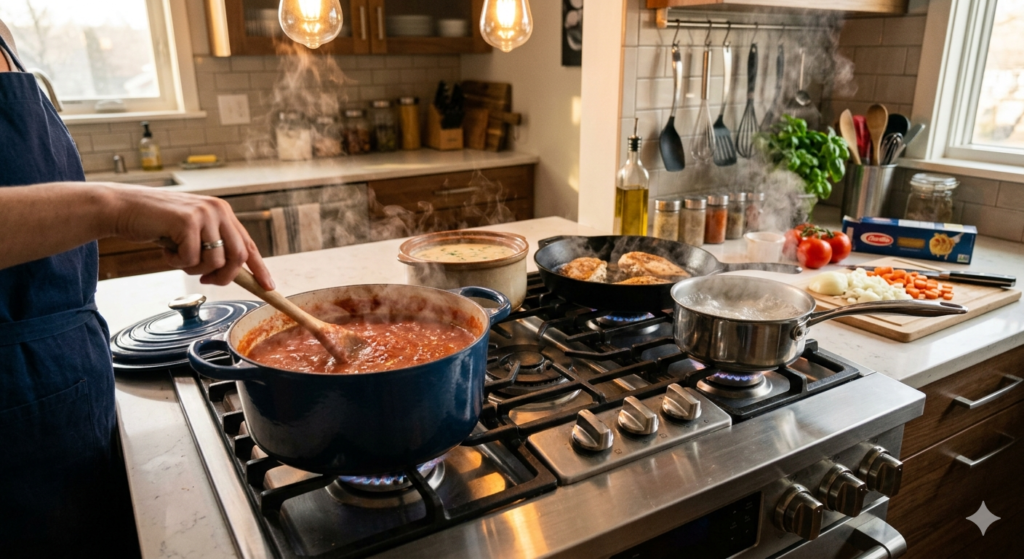 modern kitchen stove with multiple pots at different heat levels