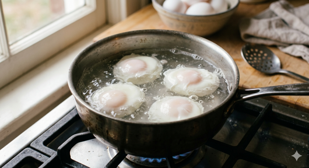 poached eggs cooking gently in water