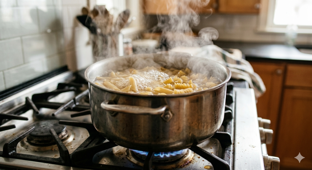 pot of boiling water with pasta cooking