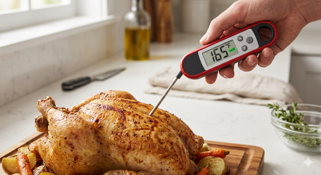 meat thermometer inserted into cooked chicken