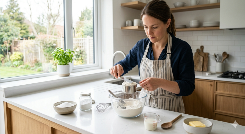 measuring ingredients in a clean modern kitchen