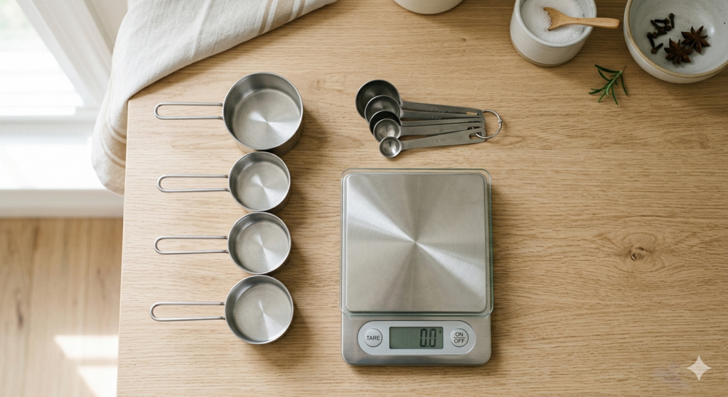 set of measuring cups spoons and digital kitchen scale