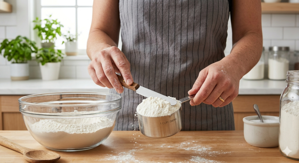 person spooning flour into measuring cup