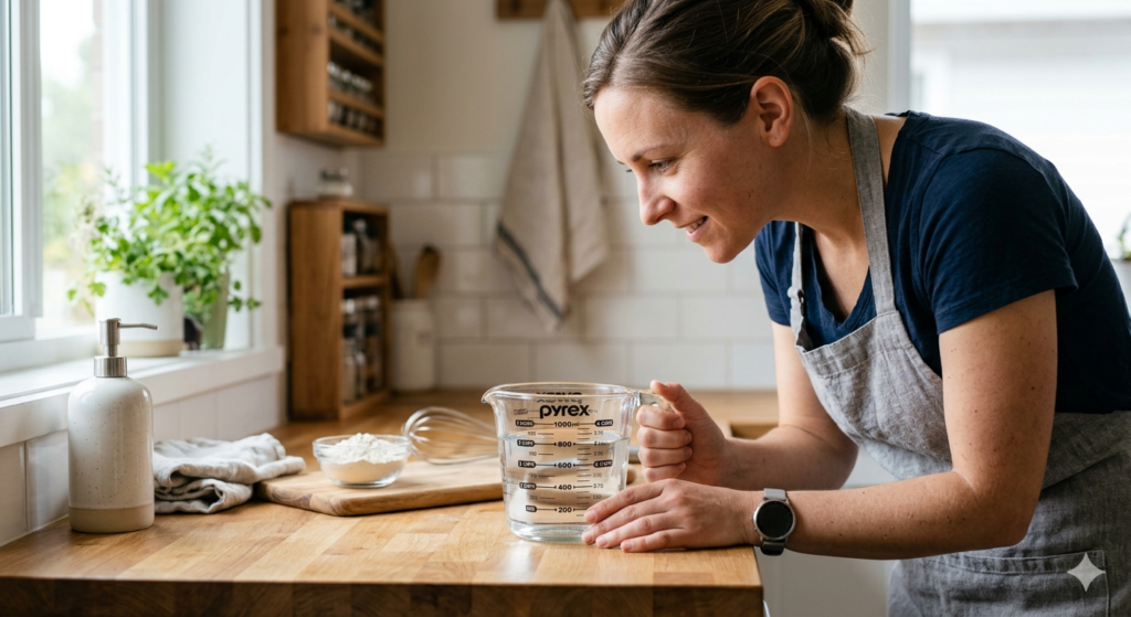 measuring liquid in transparent measuring cup