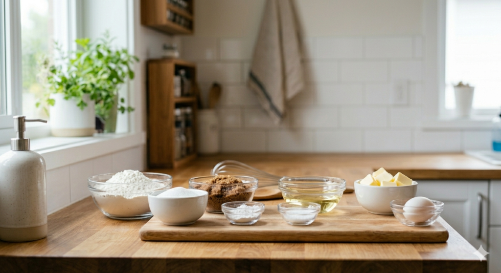 baking ingredients pre-measured in small bowls on kitchen counter