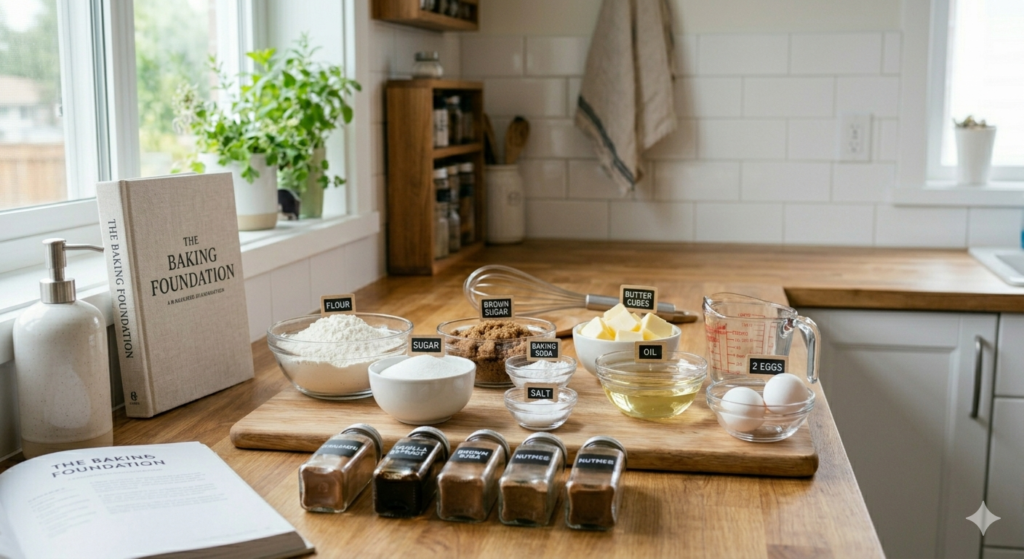 organized kitchen workspace with measured ingredients ready for cooking