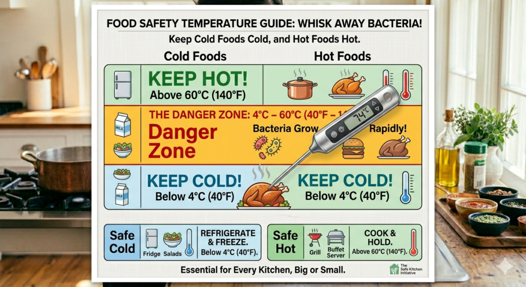 food thermometer showing safe and danger temperature zones