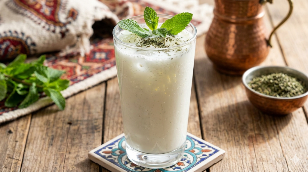 doogh drink in glass with mint garnish