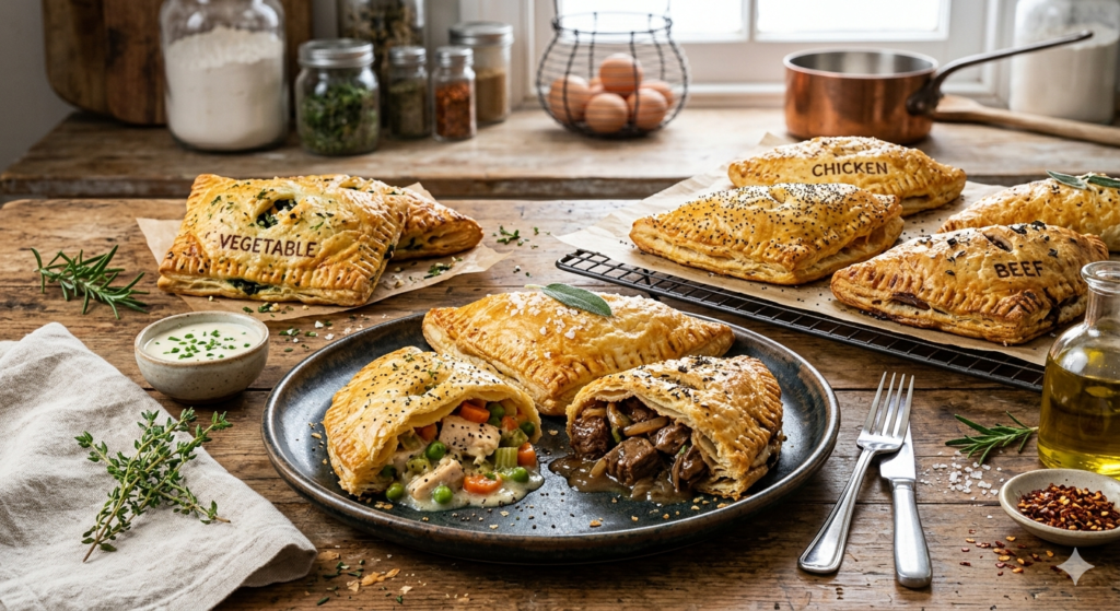 assorted savory turnovers with chicken beef and vegetable fillings
