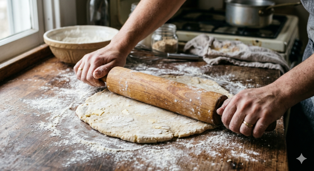 homemade pastry dough being rolled out 