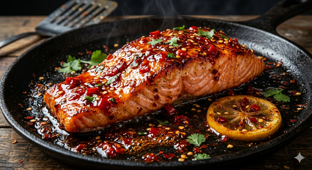 spicy chili salmon with red pepper flakes and glossy spicy sauce
