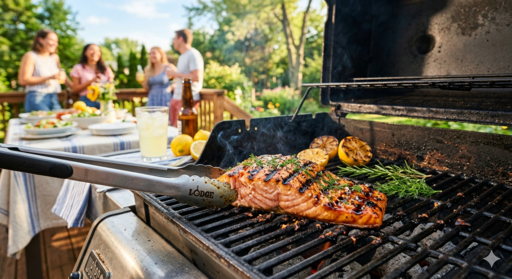 grilled salmon with visible grill marks on outdoor barbecue
