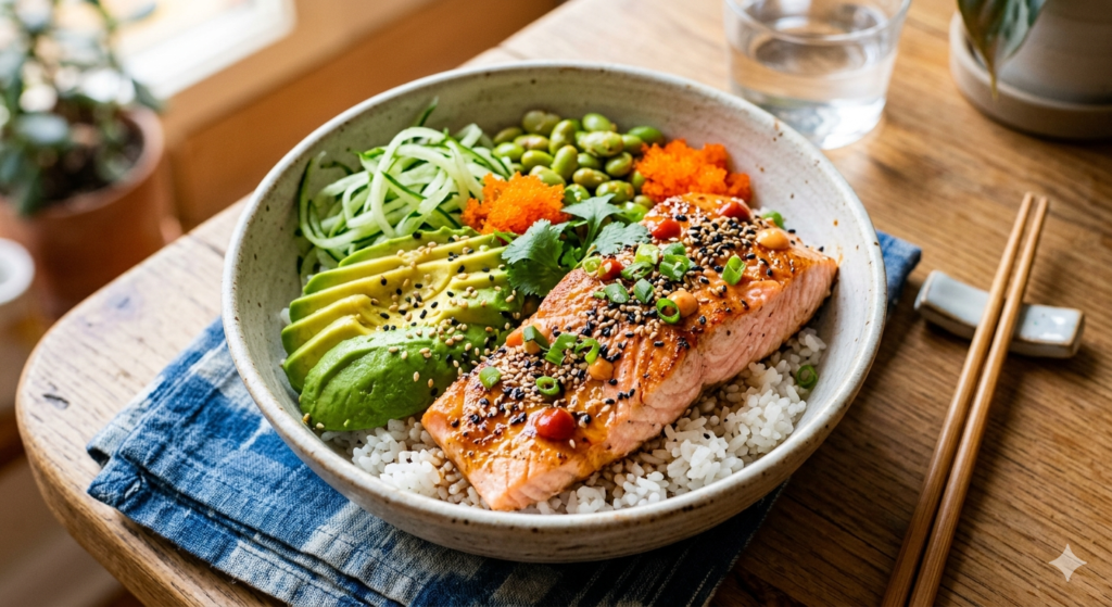 salmon rice bowl with avocado, cucumber, rice and sesame seeds