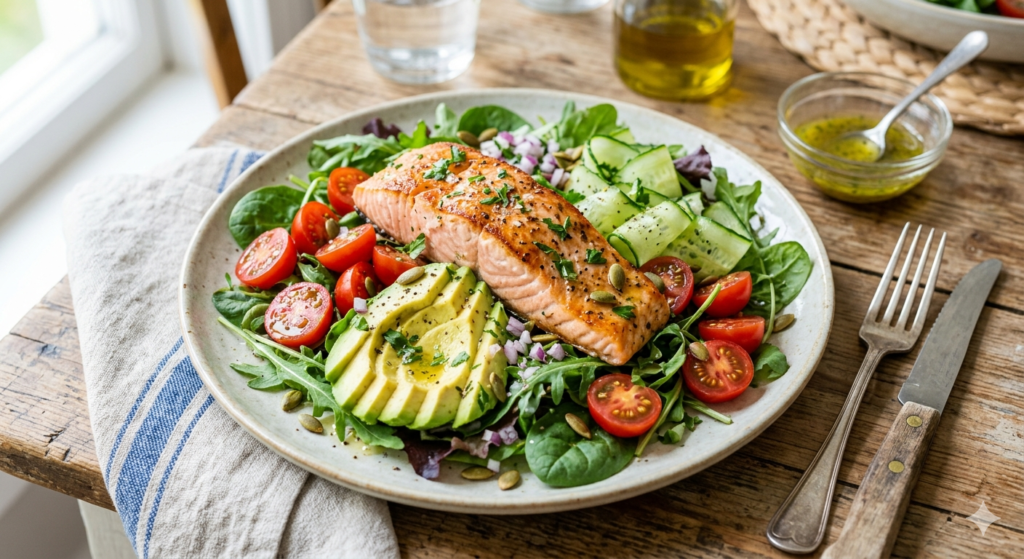 healthy salmon salad with leafy greens, tomatoes and avocado