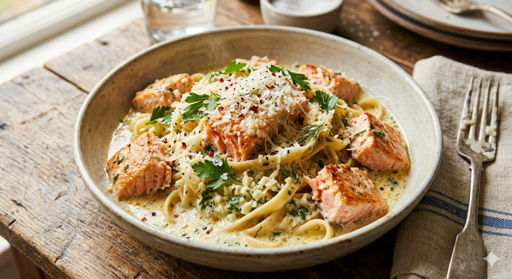 creamy salmon pasta in bowl with herbs and Parmesan