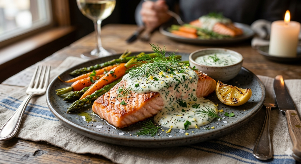 salmon with creamy yogurt herb sauce and fresh dill