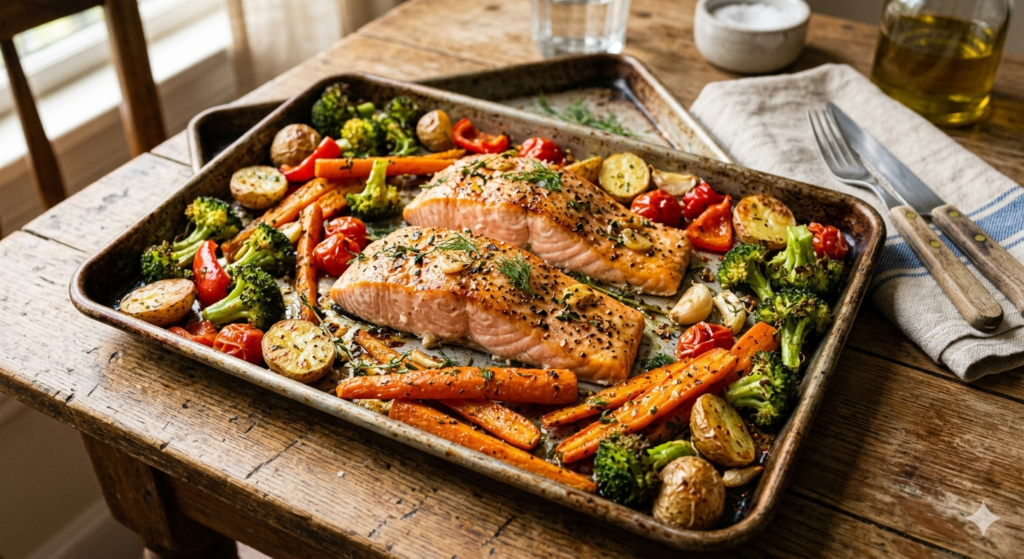 sheet pan salmon with roasted vegetables including carrots and broccoli