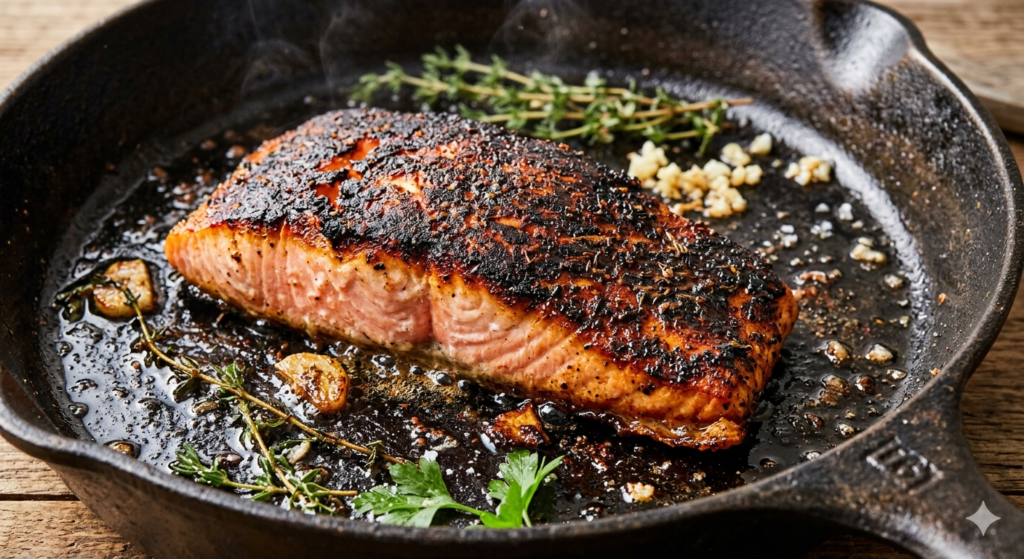blackened salmon with spicy dark crust in cast iron skillet
