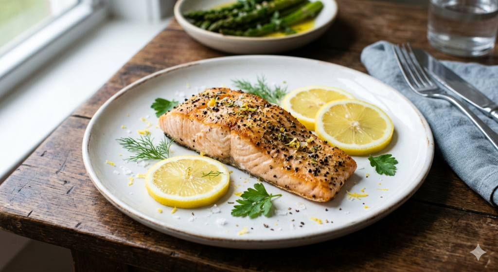 lemon pepper salmon on white plate
