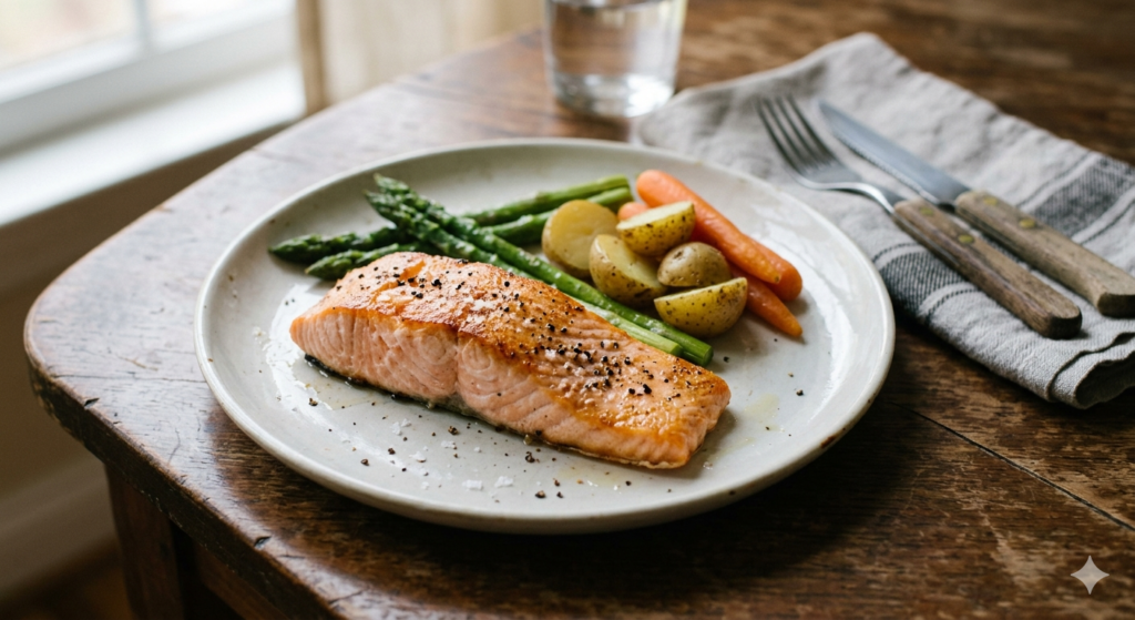 simple salt and pepper salmon fillet on plate with vegetables