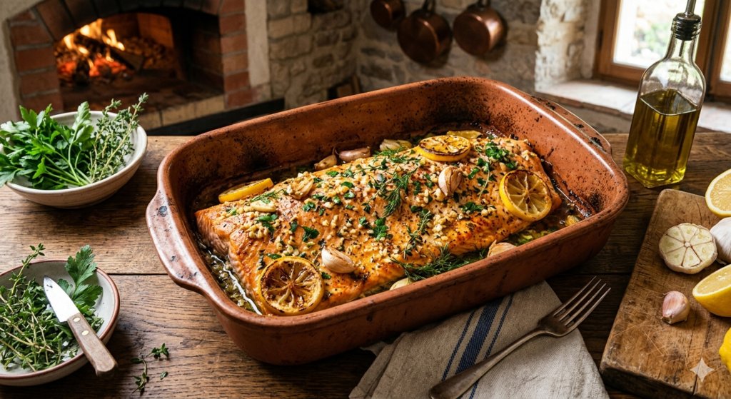 garlic lemon baked salmon in oven dish with herbs and lemon slices